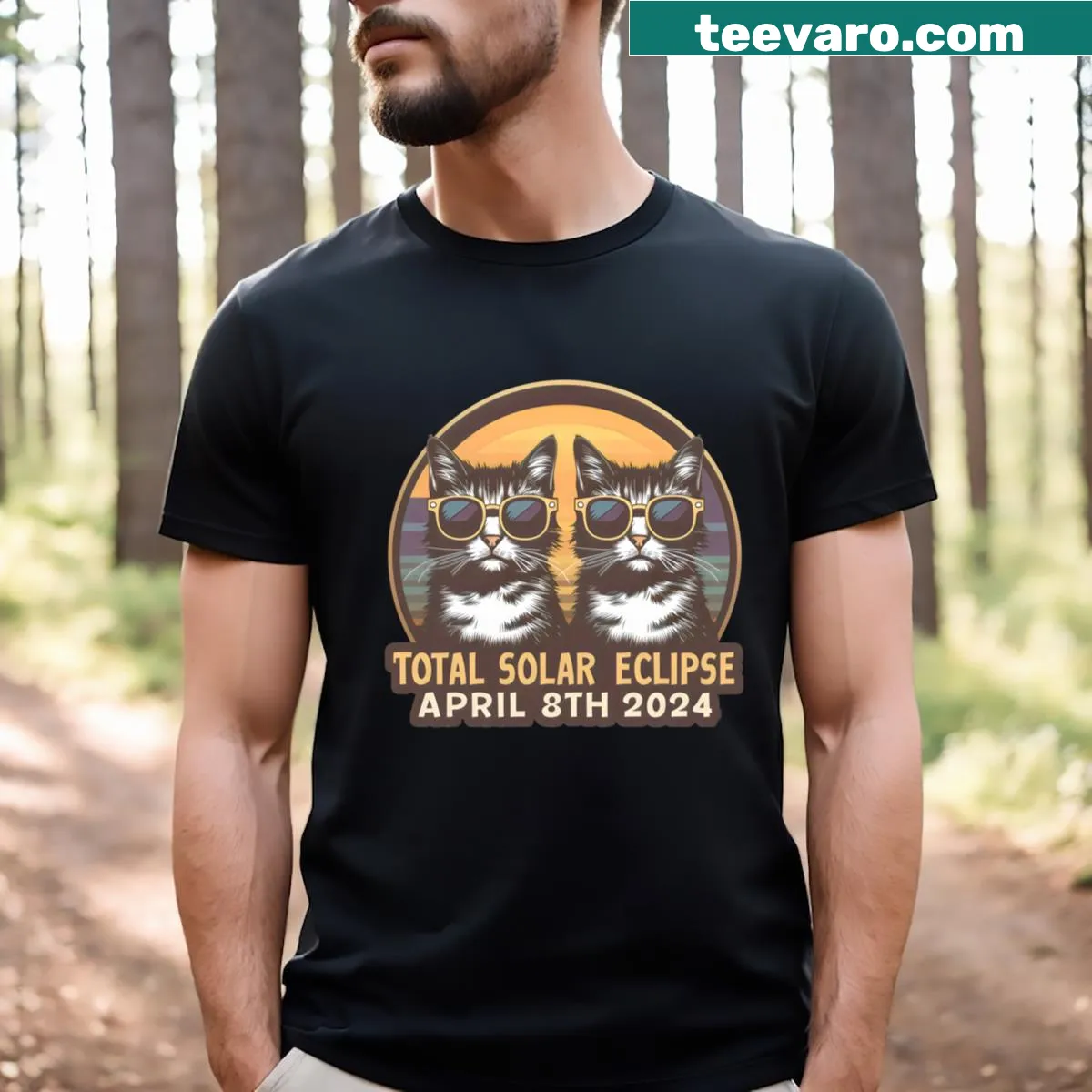 Illustrated T-shirt featuring two cats in glasses with an eclipse theme — on a men's t-shirt