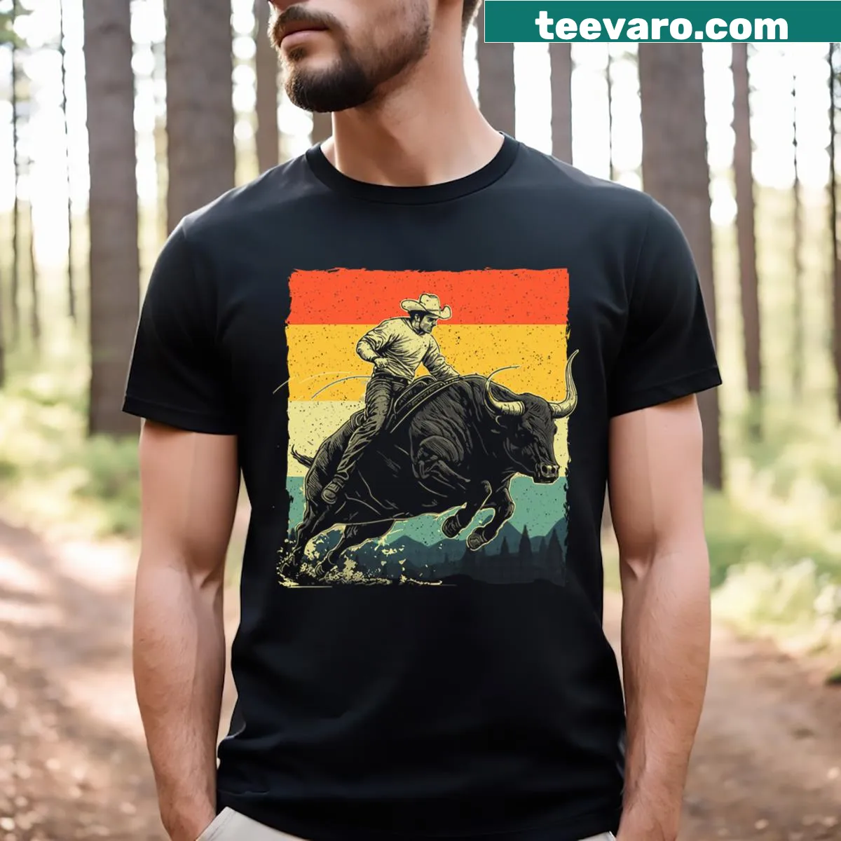 Bull riding art graphic on a cowboy T-shirt — on a men's t-shirt