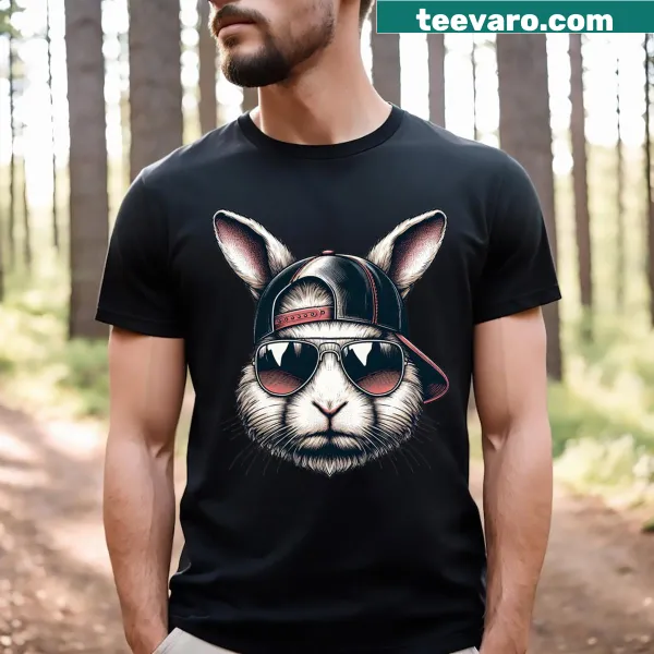 T-shirt featuring a cute bunny face wearing sunglasses for Easter