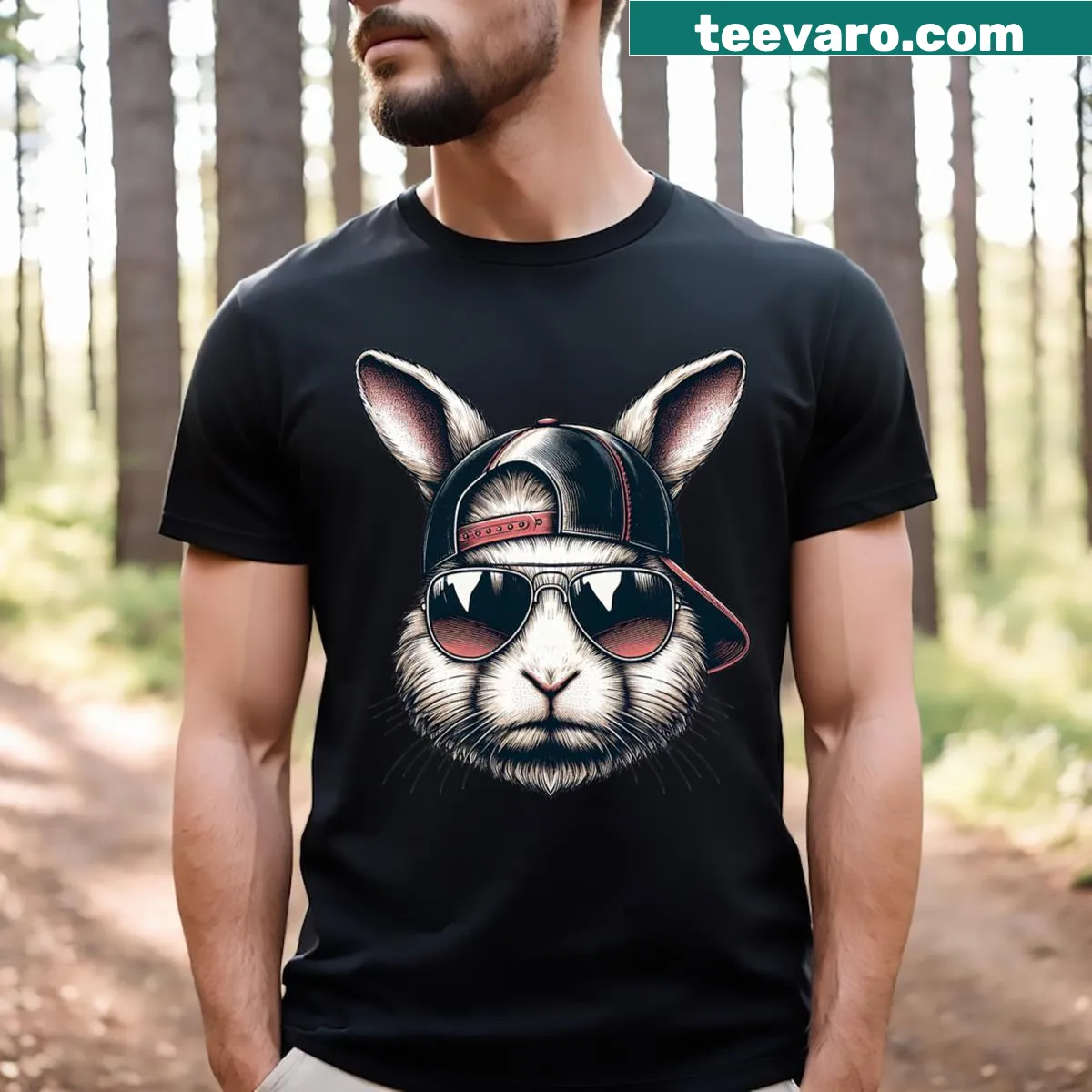 T-shirt featuring a cute bunny face wearing sunglasses for Easter — on a men's t-shirt