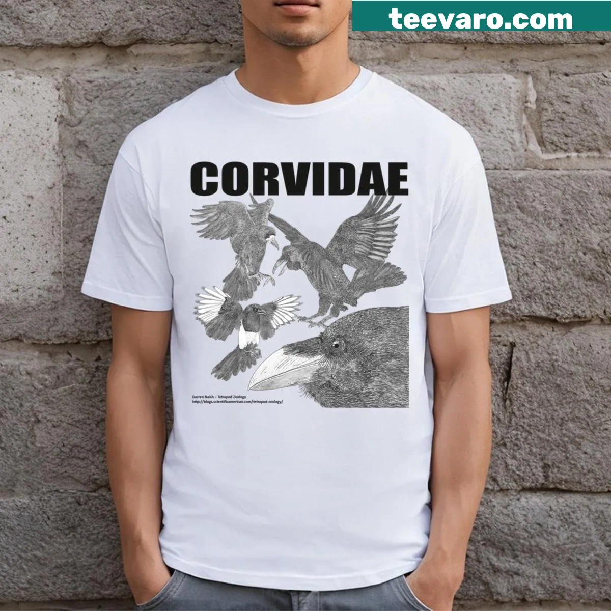 Artistic representation of corvids on a nature-themed t-shirt — on a men's t-shirt