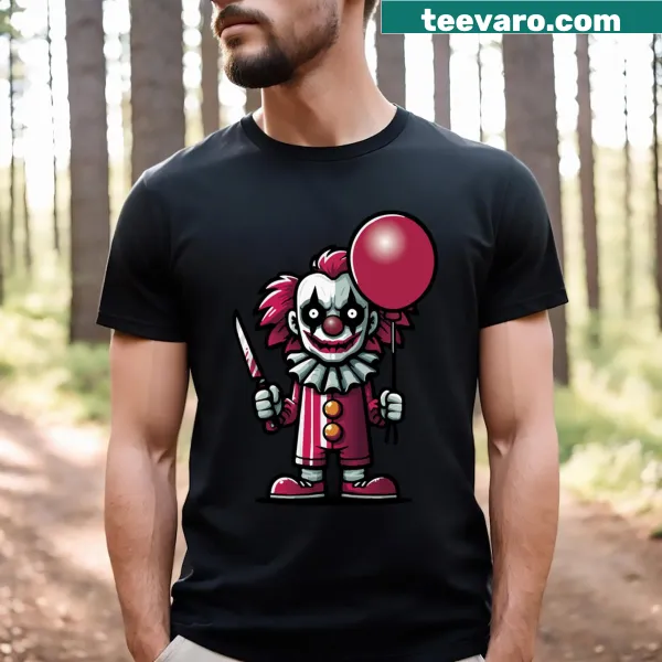Cartoon clown with a knife and balloon, edgy design.