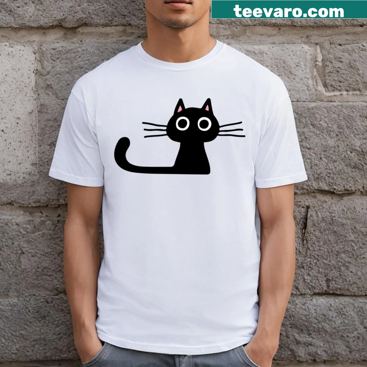 Illustration of a wide-eyed black kitten on a t-shirt — on a men's t-shirt