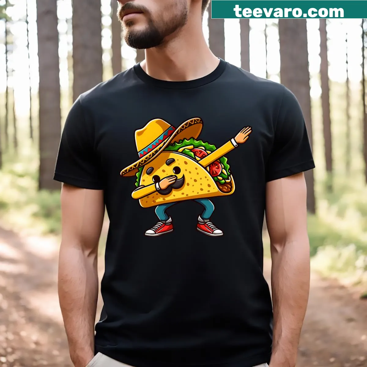 Cartoon taco dabbing in sombrero on festive t-shirt — on a men's t-shirt