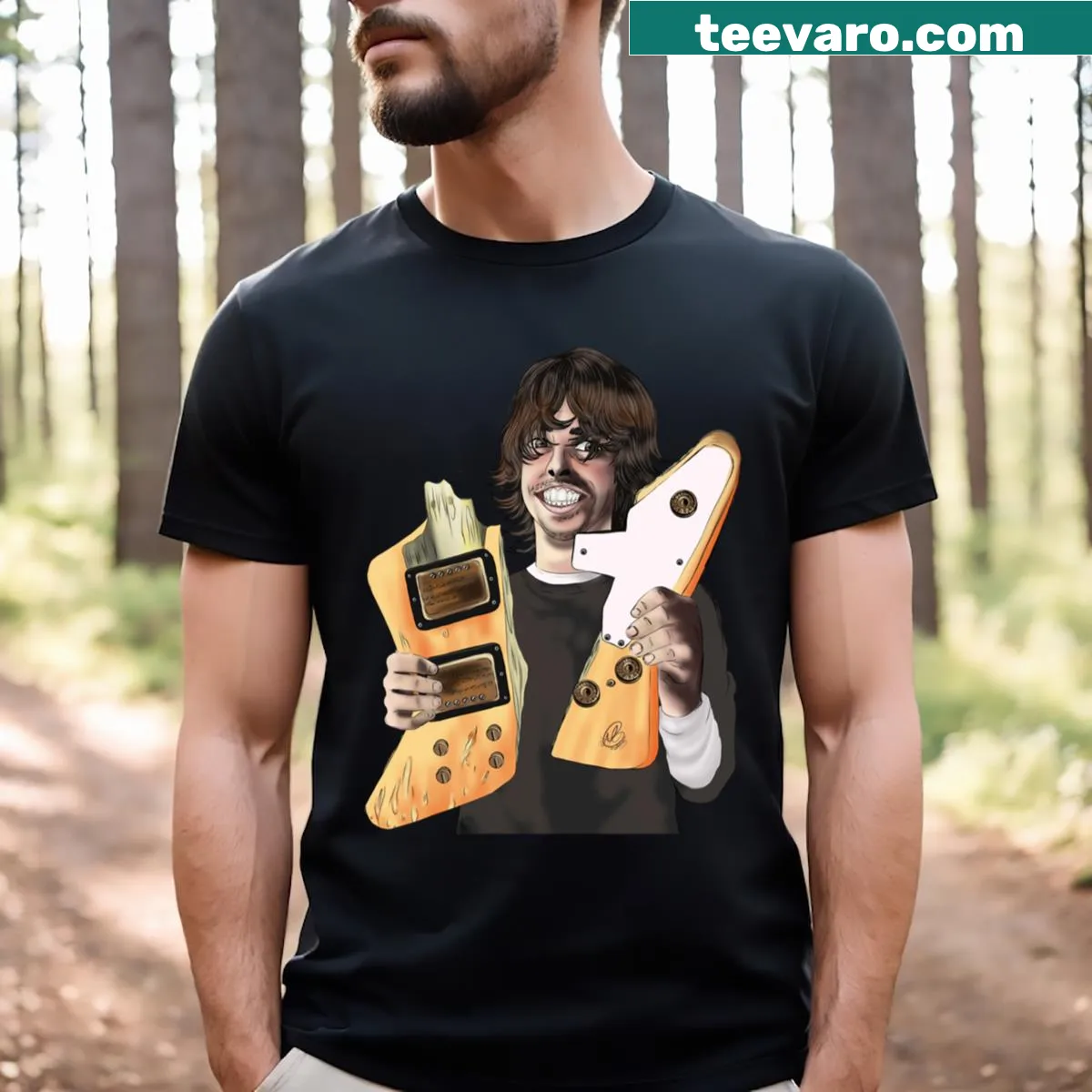 Illustrated T-shirt featuring a broken guitar design. — on a men's t-shirt