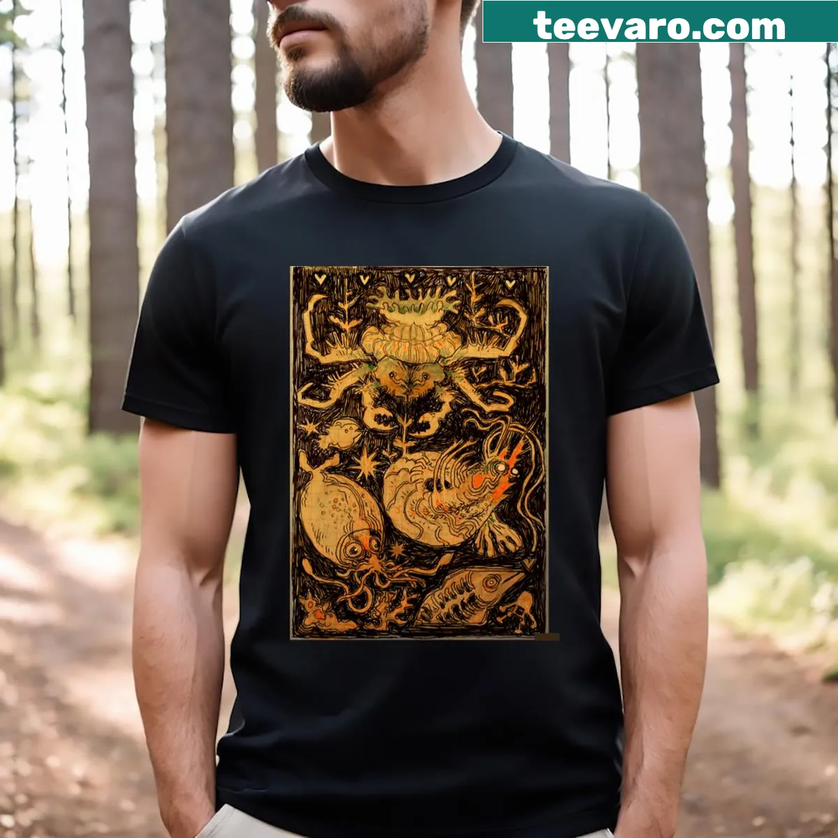 Illustration of various deep sea creatures on a t-shirt — on a men's t-shirt