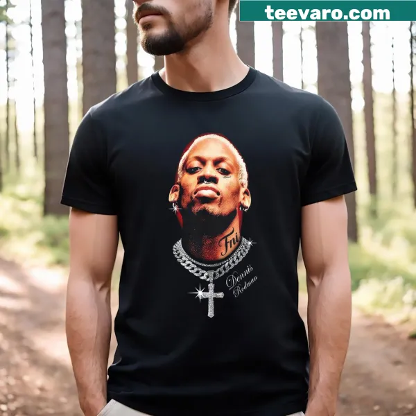 Stylized illustration of Dennis Rodman's face on a t-shirt