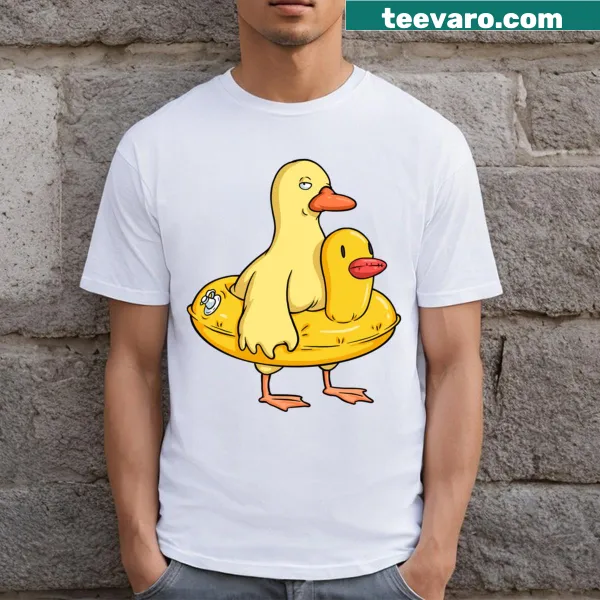 Cartoon graphic of two cheerful ducks on a T-shirt.