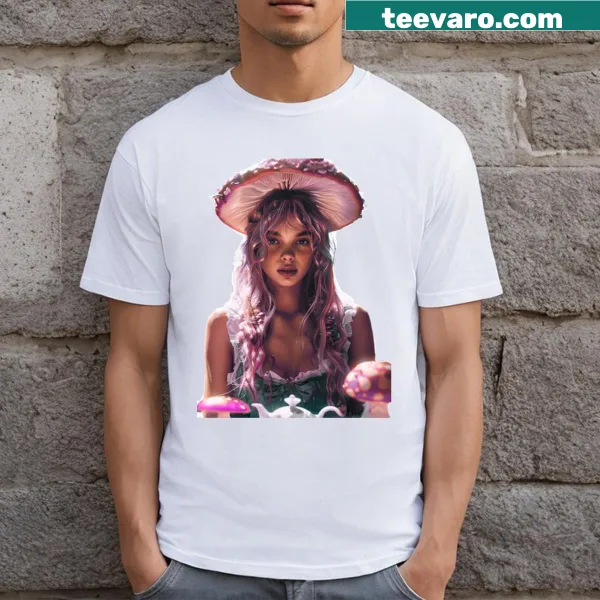 T-shirt featuring a dreamy mushroom kingdom illustration