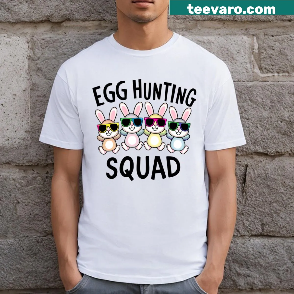Playful egg hunting bunnies design on a kids' T-shirt for Easter. — on a men's t-shirt