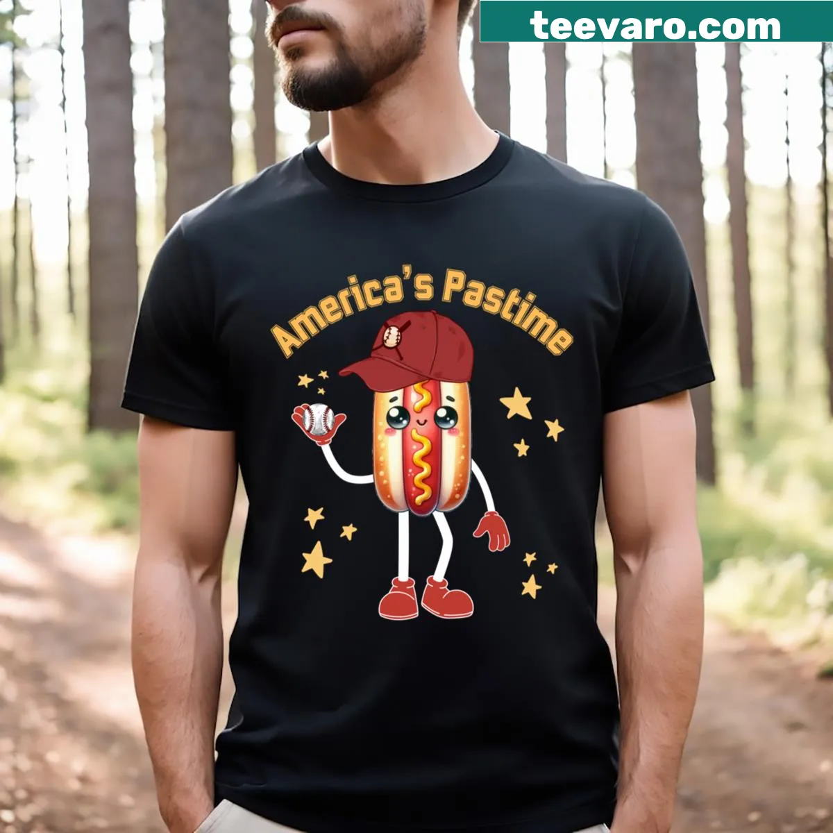 Funny baseball and hot dogs t-shirt with playful typography. — on a men's t-shirt