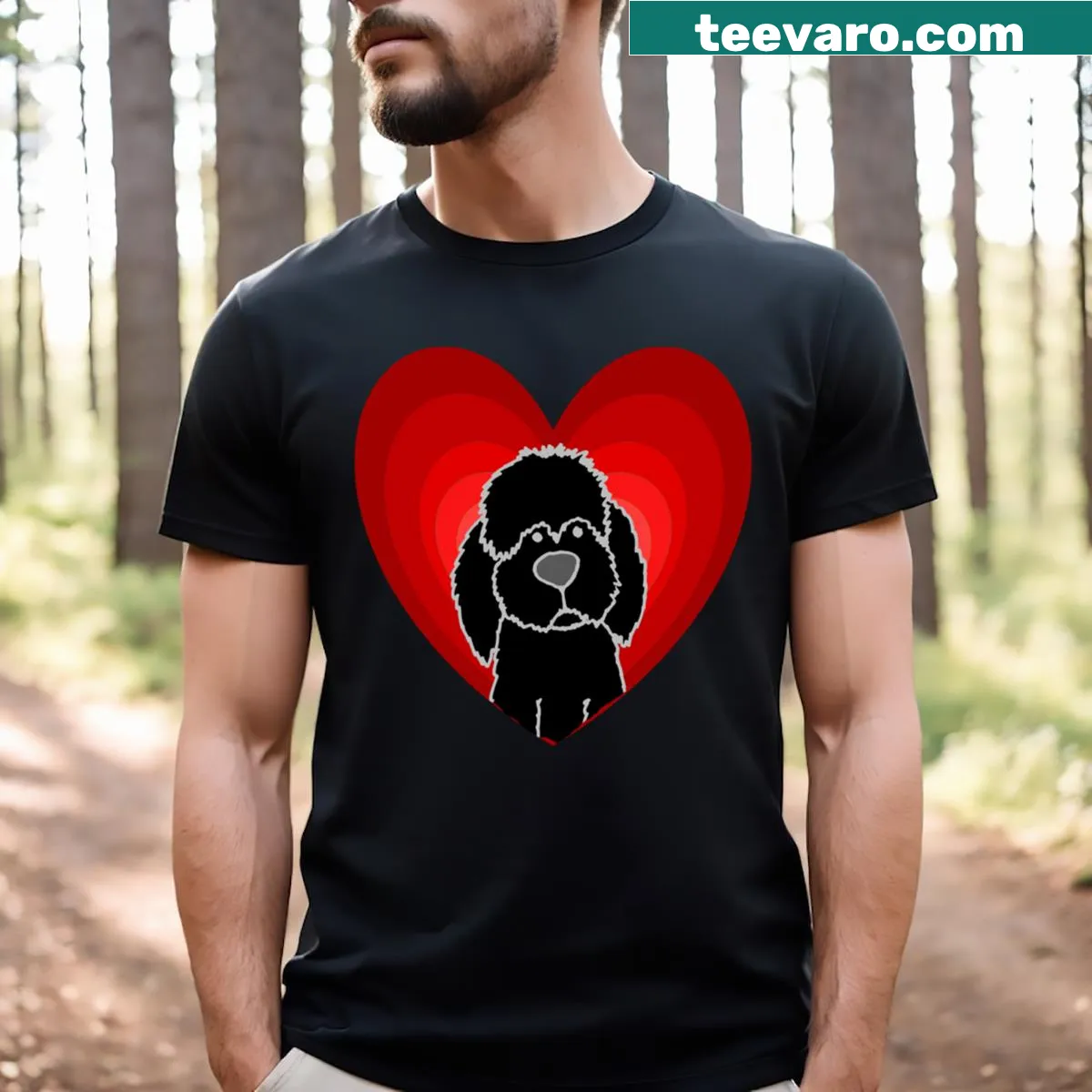 Funny t-shirt featuring a cartoon black Labradoodle and hearts — on a men's t-shirt