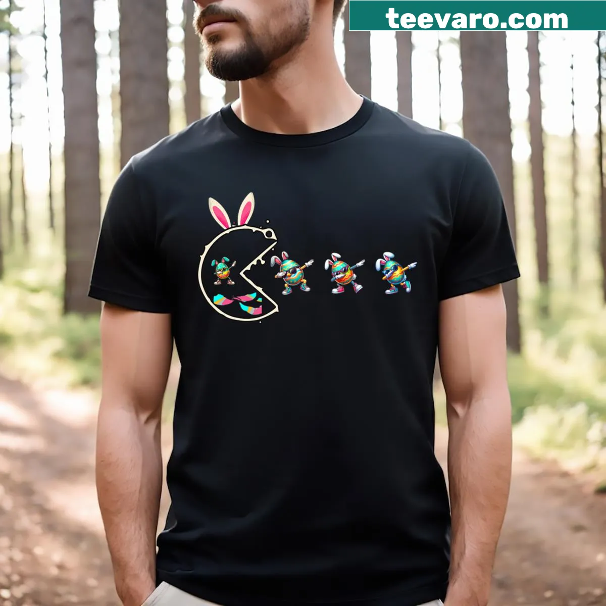Cartoon dabbing rabbit with Easter eggs graphic — on a men's t-shirt