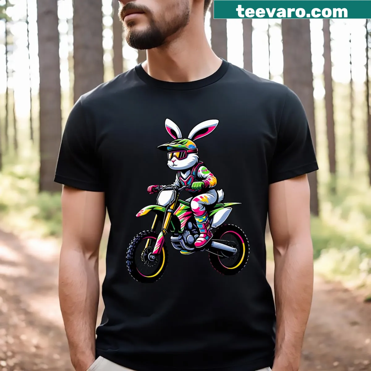 Easter-themed t-shirt with bunny on a dirt bike for kids — on a men's t-shirt