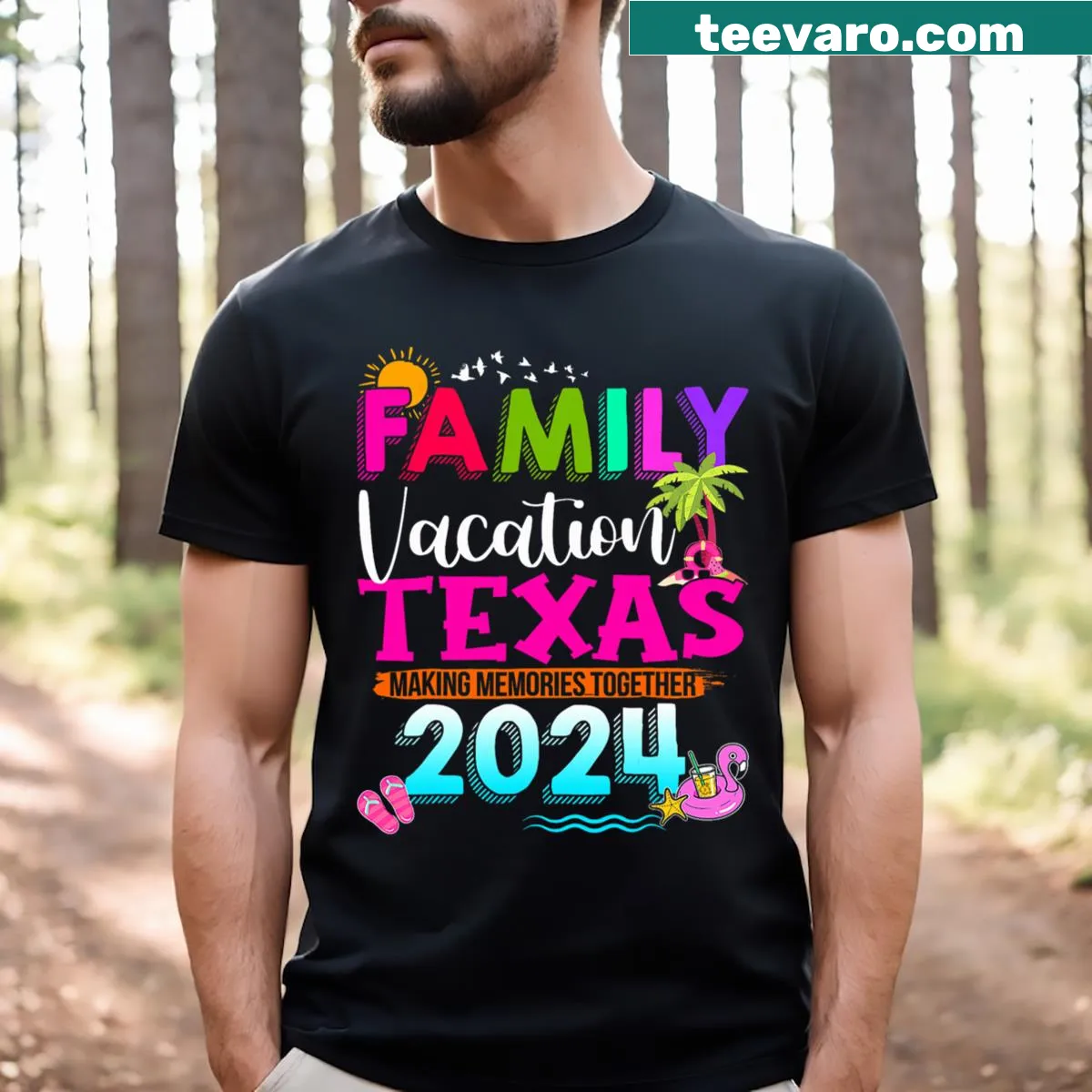Funny Texas vacation T-shirt with 2024 making memories text — on a men's t-shirt
