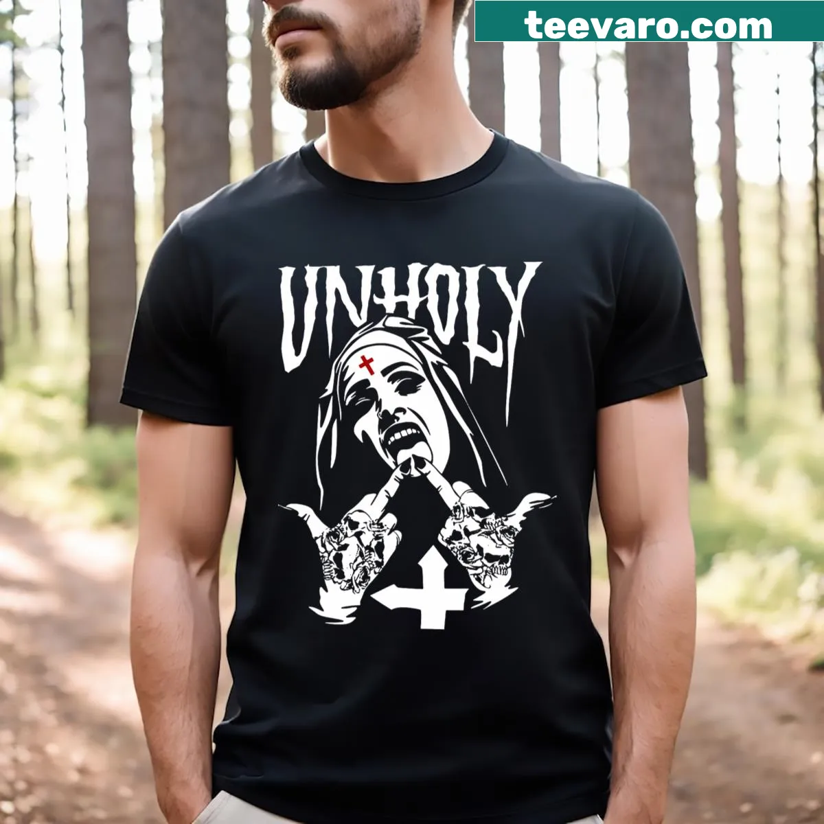Edgy horror-themed t-shirt featuring an unholy nun design — on a men's t-shirt