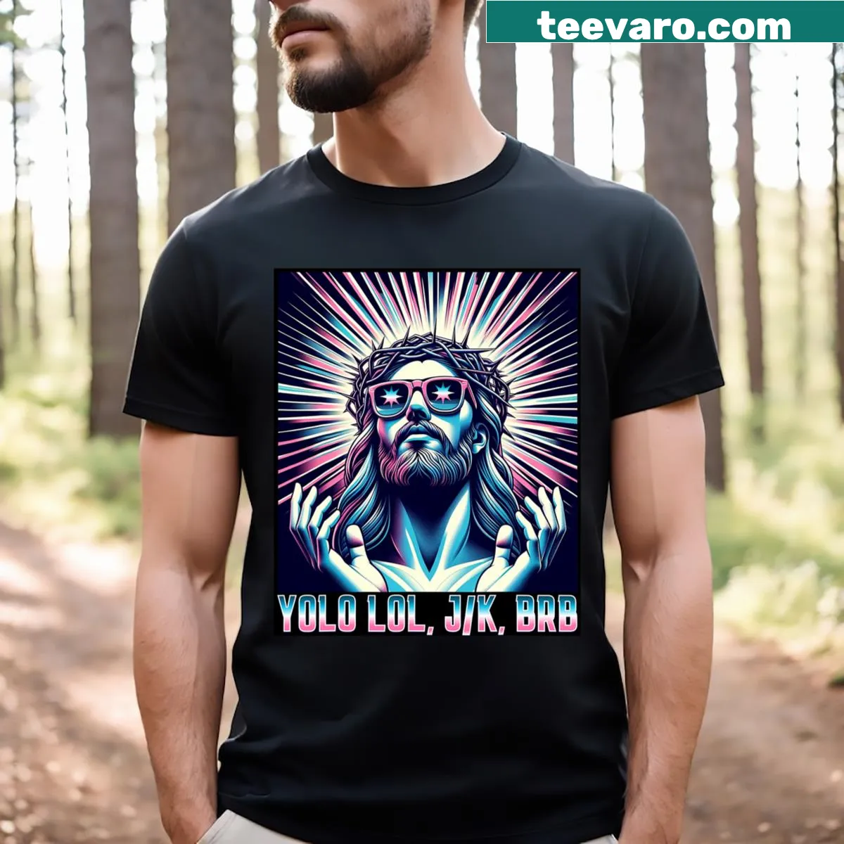 Funny Christian humor T-shirt with meme quotes design — on a men's t-shirt