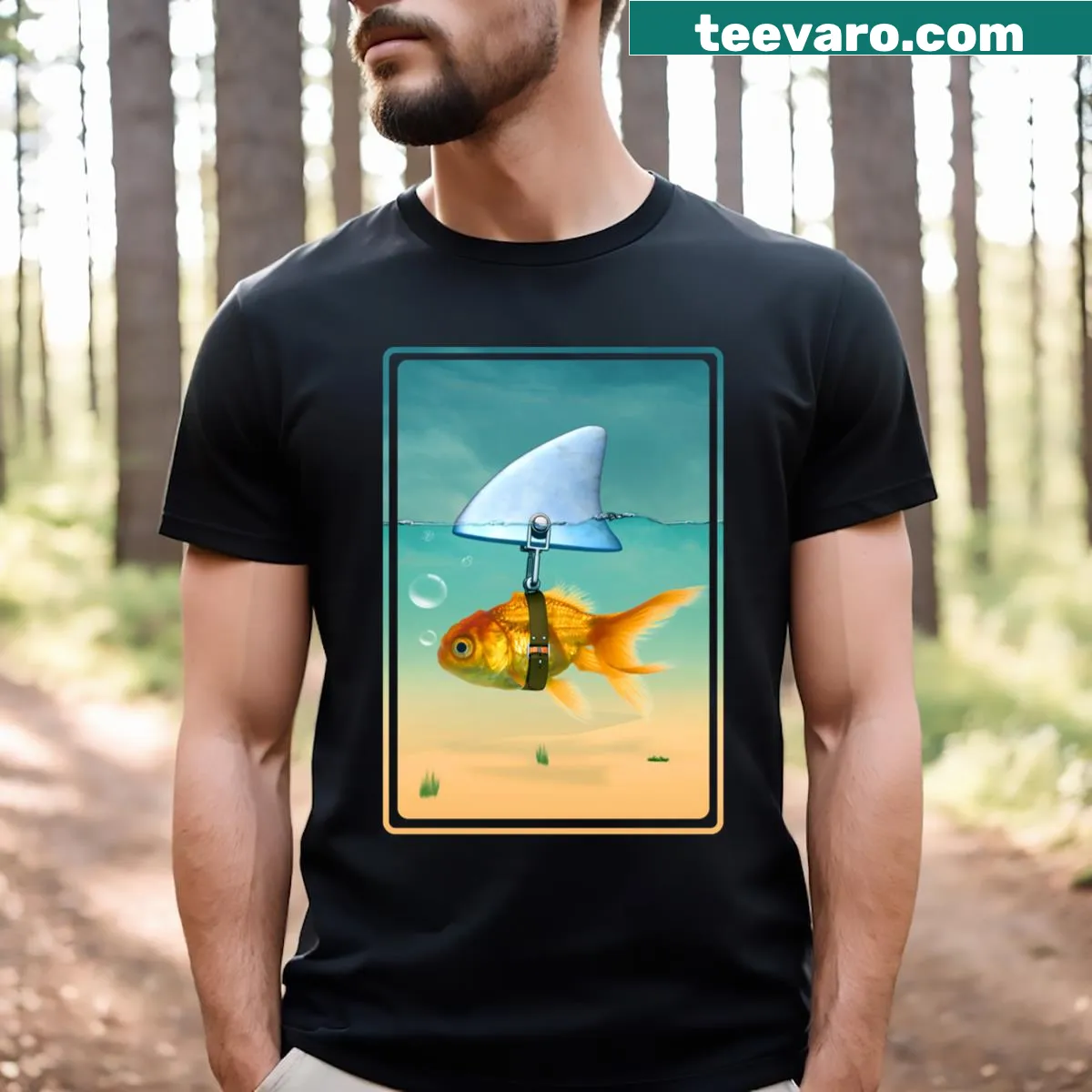 T-shirt featuring a playful goldfish graphic — on a men's t-shirt