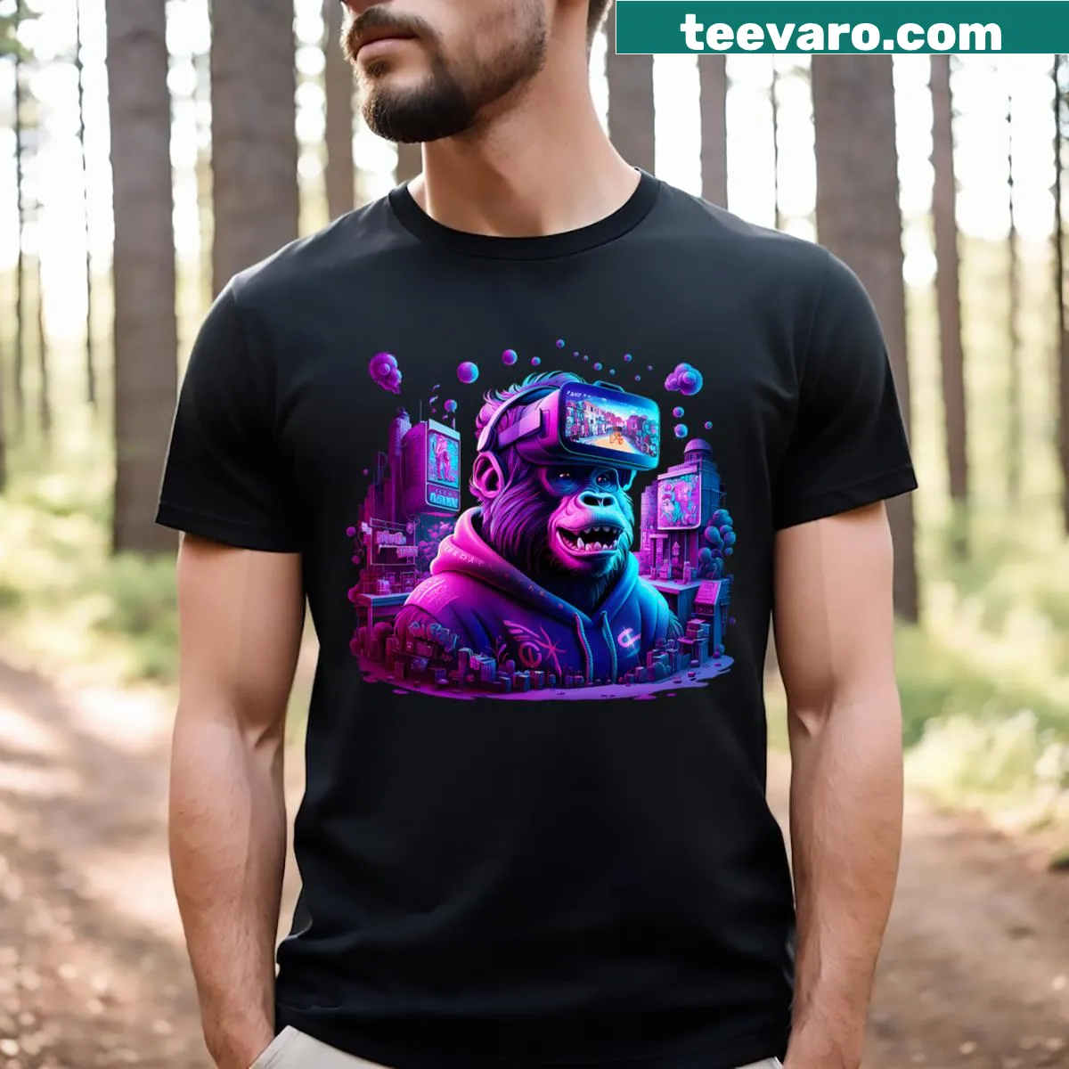 Gamer t-shirt with playful gorilla graphic for VR enthusiasts — on a men's t-shirt