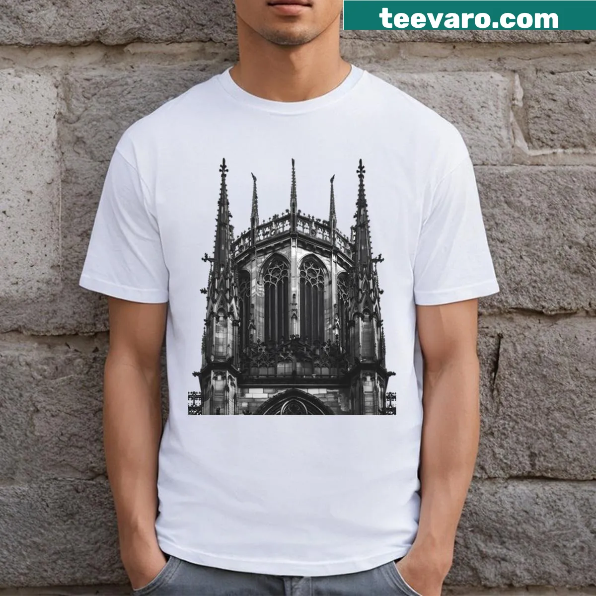 T-shirt featuring an intricate illustration of a gothic cathedral — on a men's t-shirt
