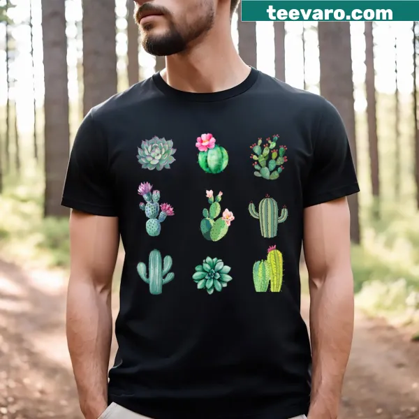 Illustrated T-shirt featuring a cute green succulent cactus