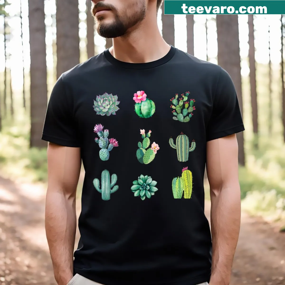 Illustrated T-shirt featuring a cute green succulent cactus — on a men's t-shirt