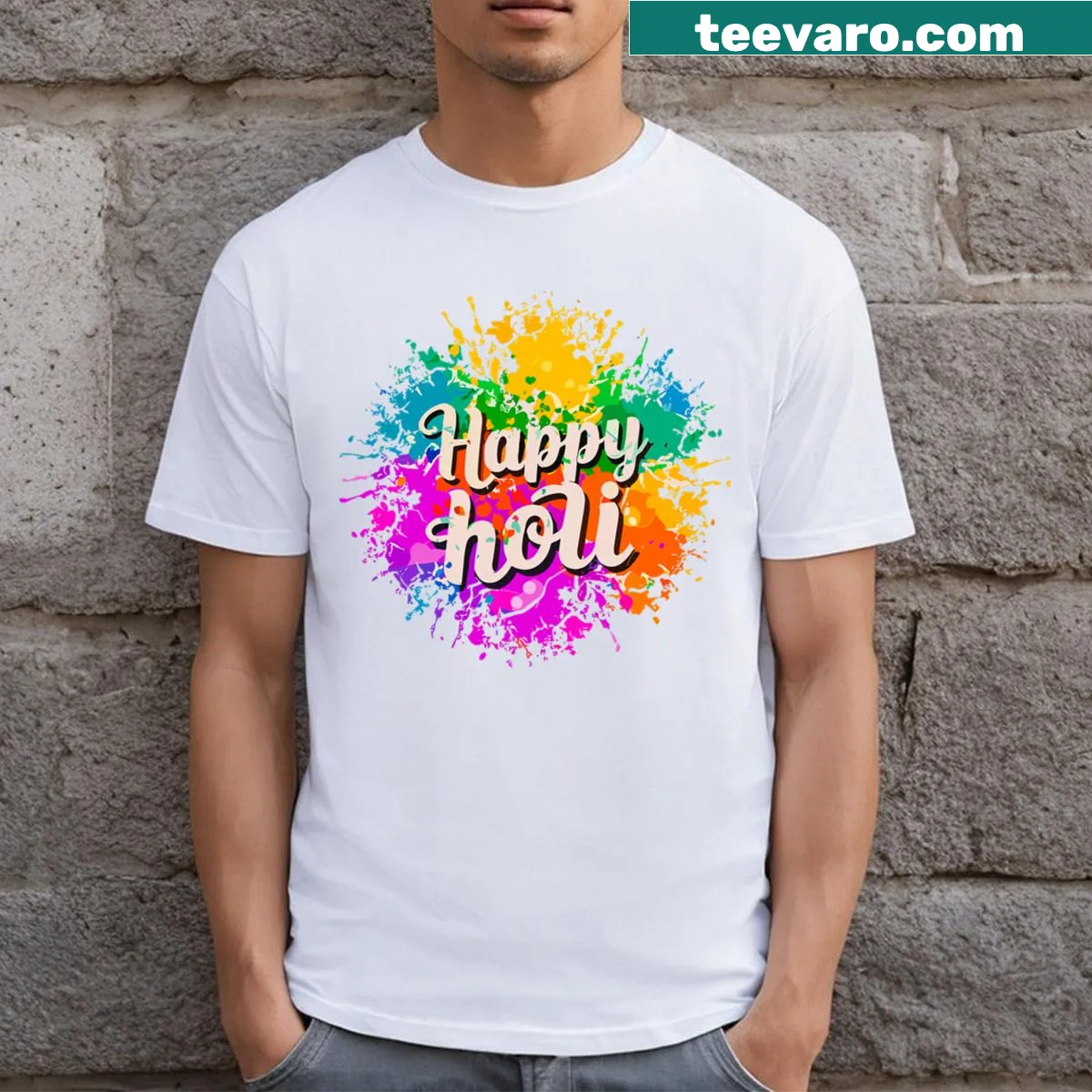 T-shirt celebrating Holi festival with colorful design — on a men's t-shirt