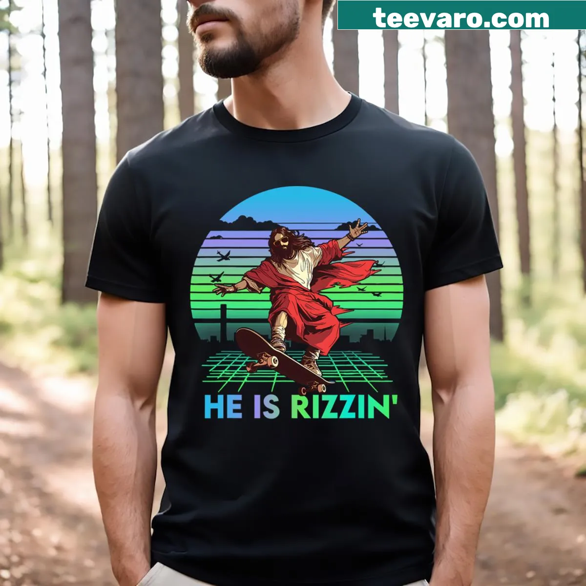 Funny kids' Easter t-shirt with Jesus on a skateboard — on a men's t-shirt
