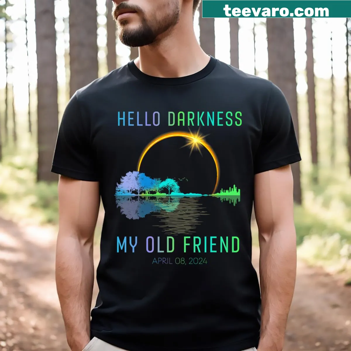 T-shirt with 'Hello Darkness My Old Friend' eclipse text — on a men's t-shirt