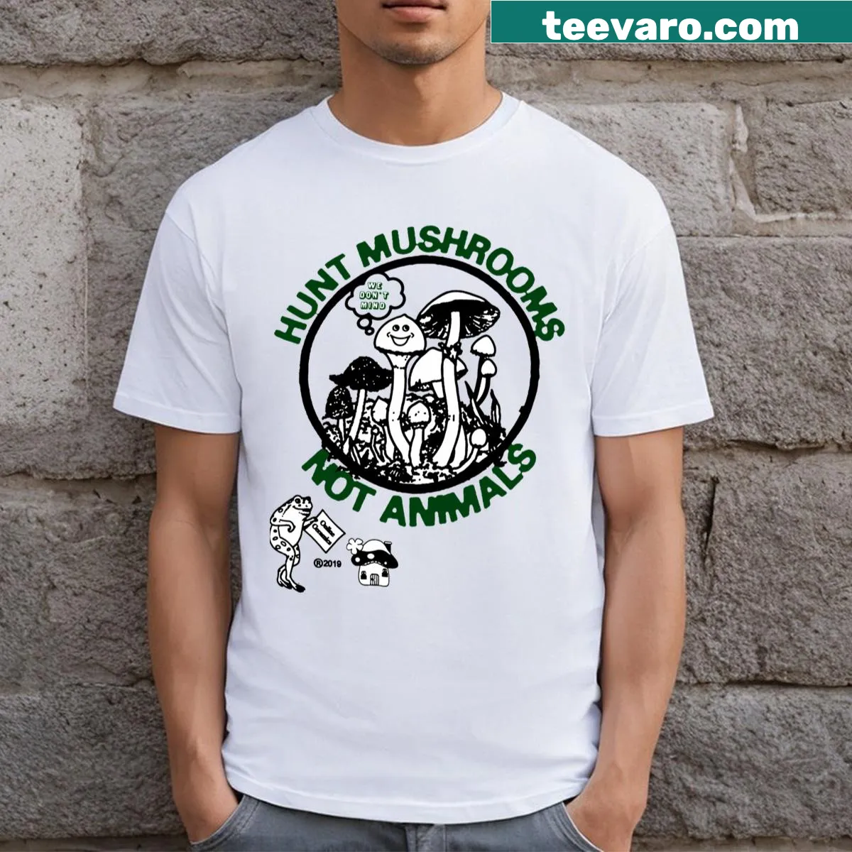 T-shirt promoting mushroom hunting with a message about wildlife — on a men's t-shirt