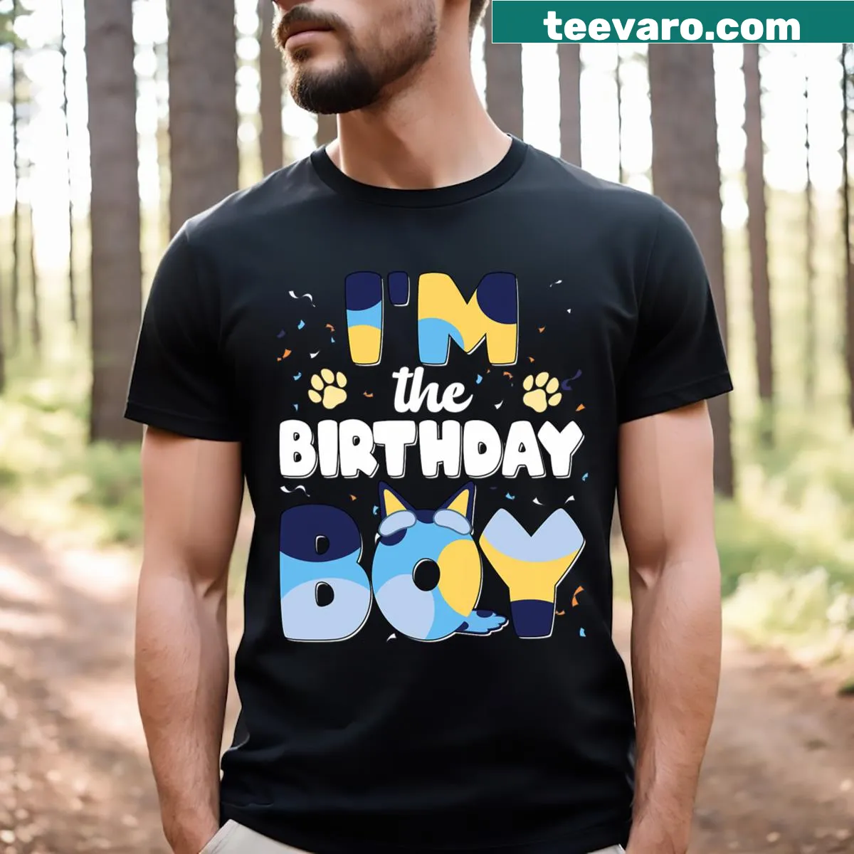 Birthday boy T-shirt featuring humorous text and dog theme — on a men's t-shirt