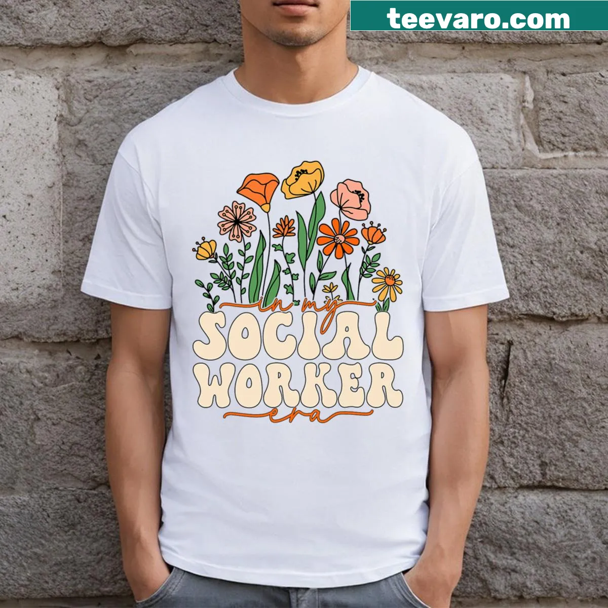 Cute floral design with 'In My Social Worker Era' text — on a men's t-shirt