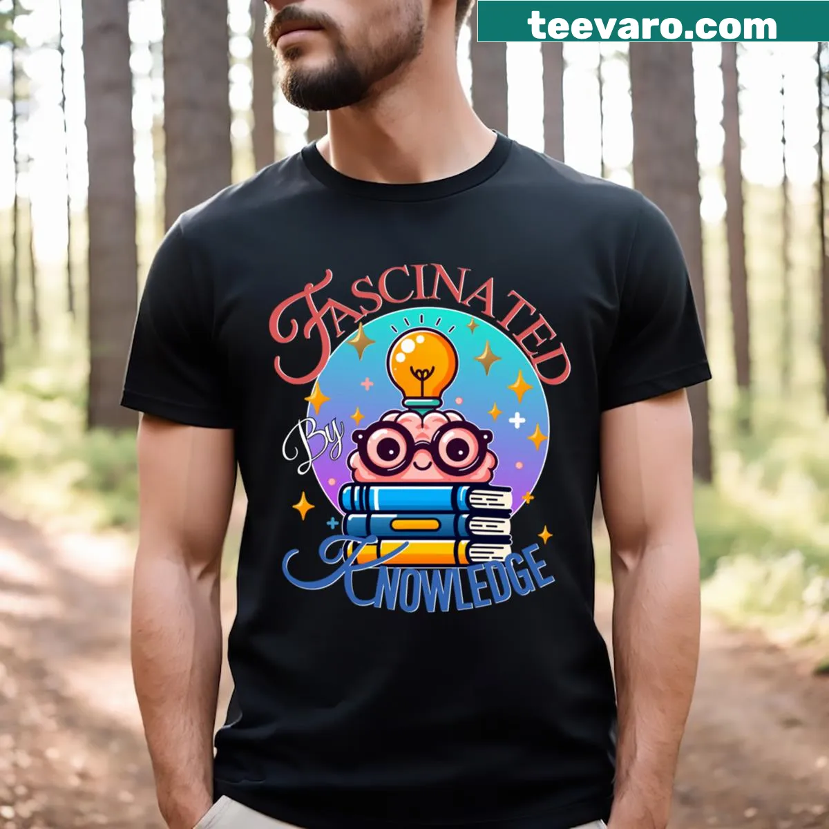 Graphic T-shirt featuring a stylized brain and the text 'Fascinated by Knowledge.' — on a men's t-shirt