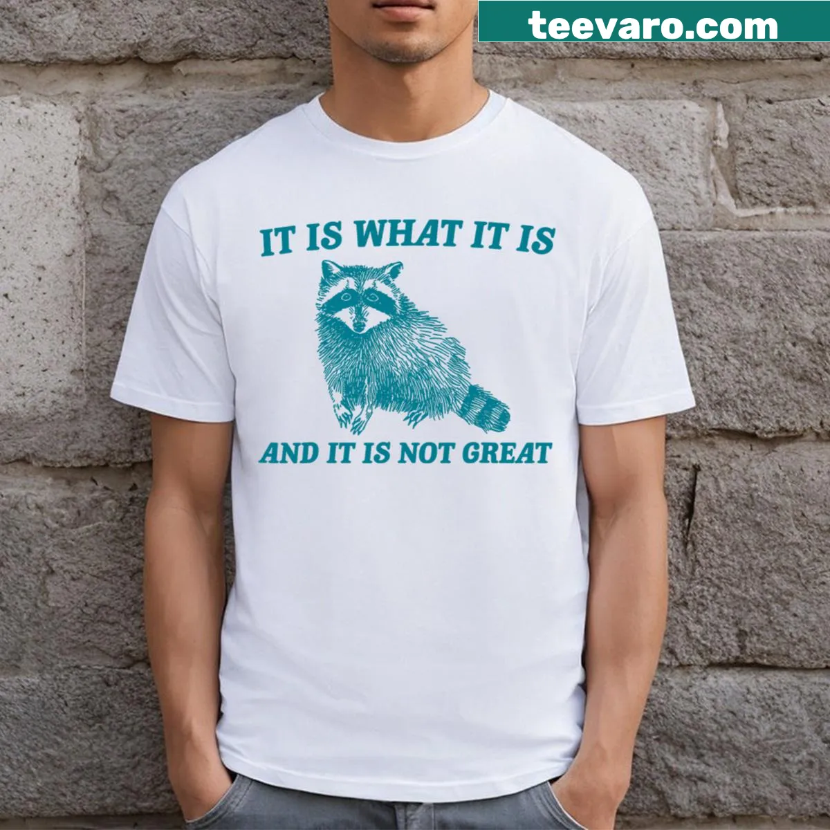 T-shirt featuring a humorous raccoon illustration — on a men's t-shirt