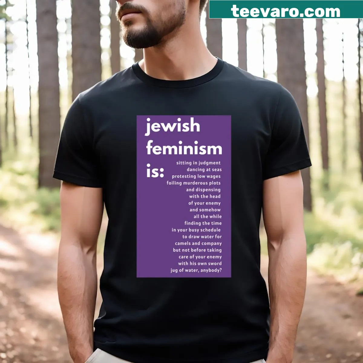 Bold typography T-shirt with the phrase 'Jewish Feminism' prominently displayed. — on a men's t-shirt