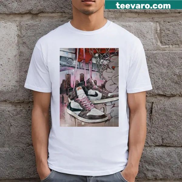 Illustrated T-shirt featuring Jordan and Travis Scott inspired sneaker design.