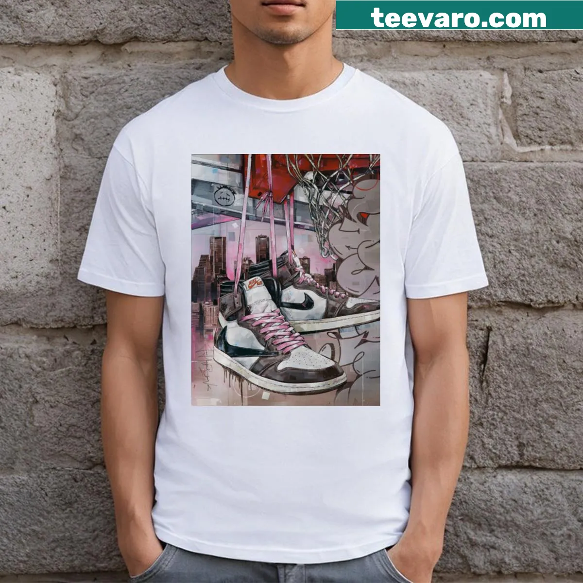 Illustrated T-shirt featuring Jordan and Travis Scott inspired sneaker design. — on a men's t-shirt