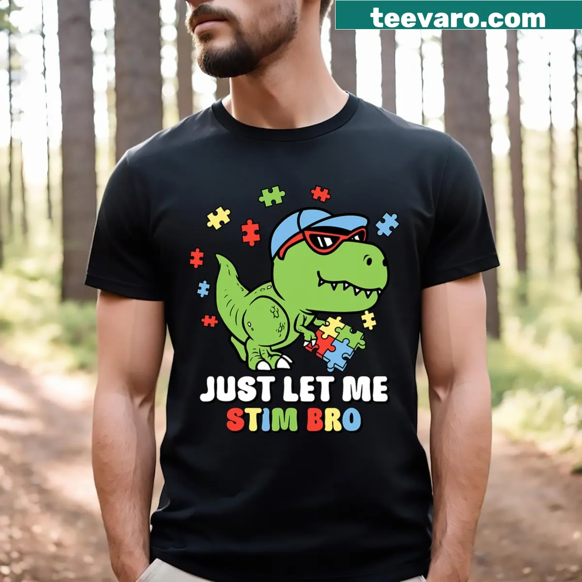 Funny kids T-shirt with a cartoon dinosaur and text 'Just Let Me Stim Bro.' — on a men's t-shirt