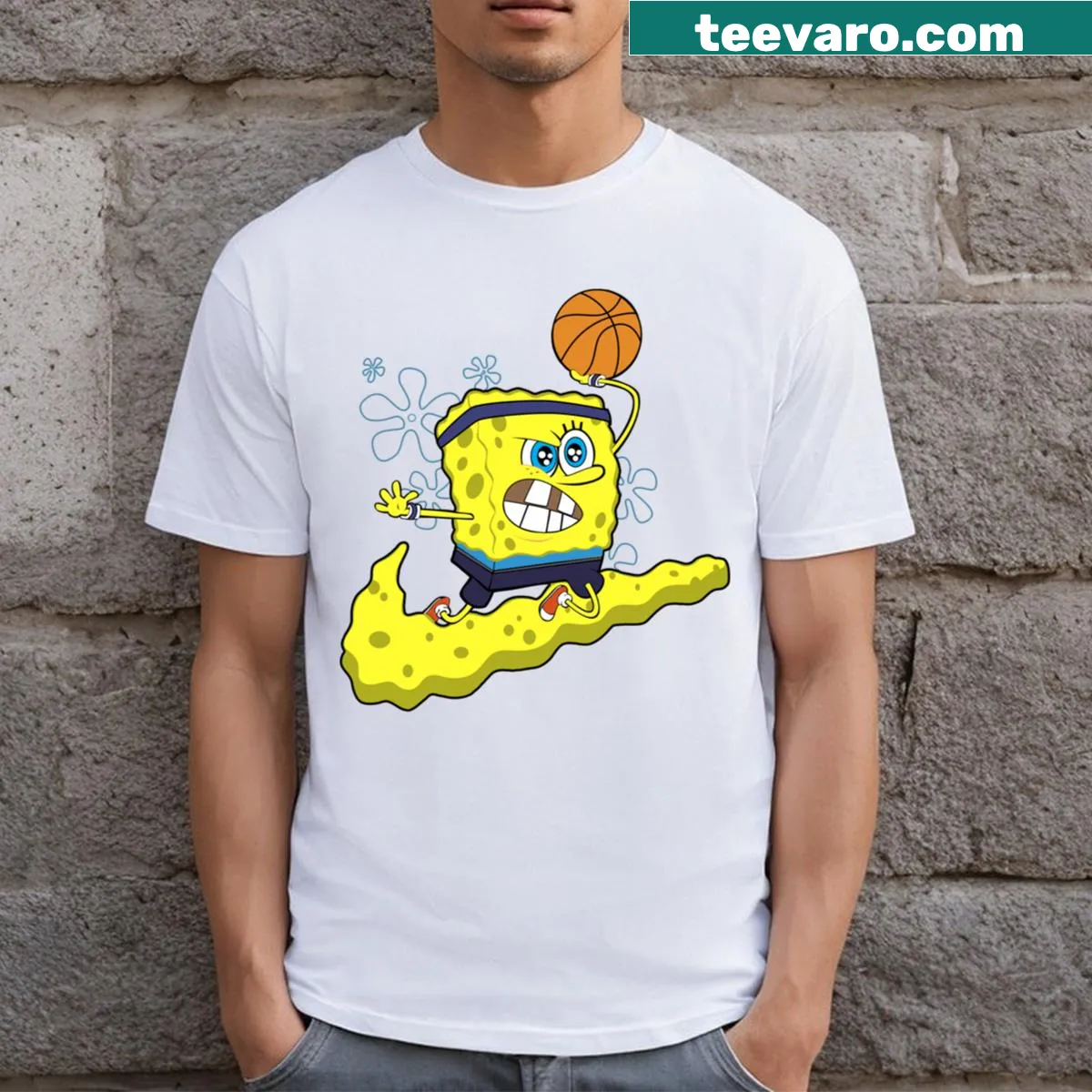 Illustration of Kyrie Irving with Spongebob on a t-shirt — on a men's t-shirt