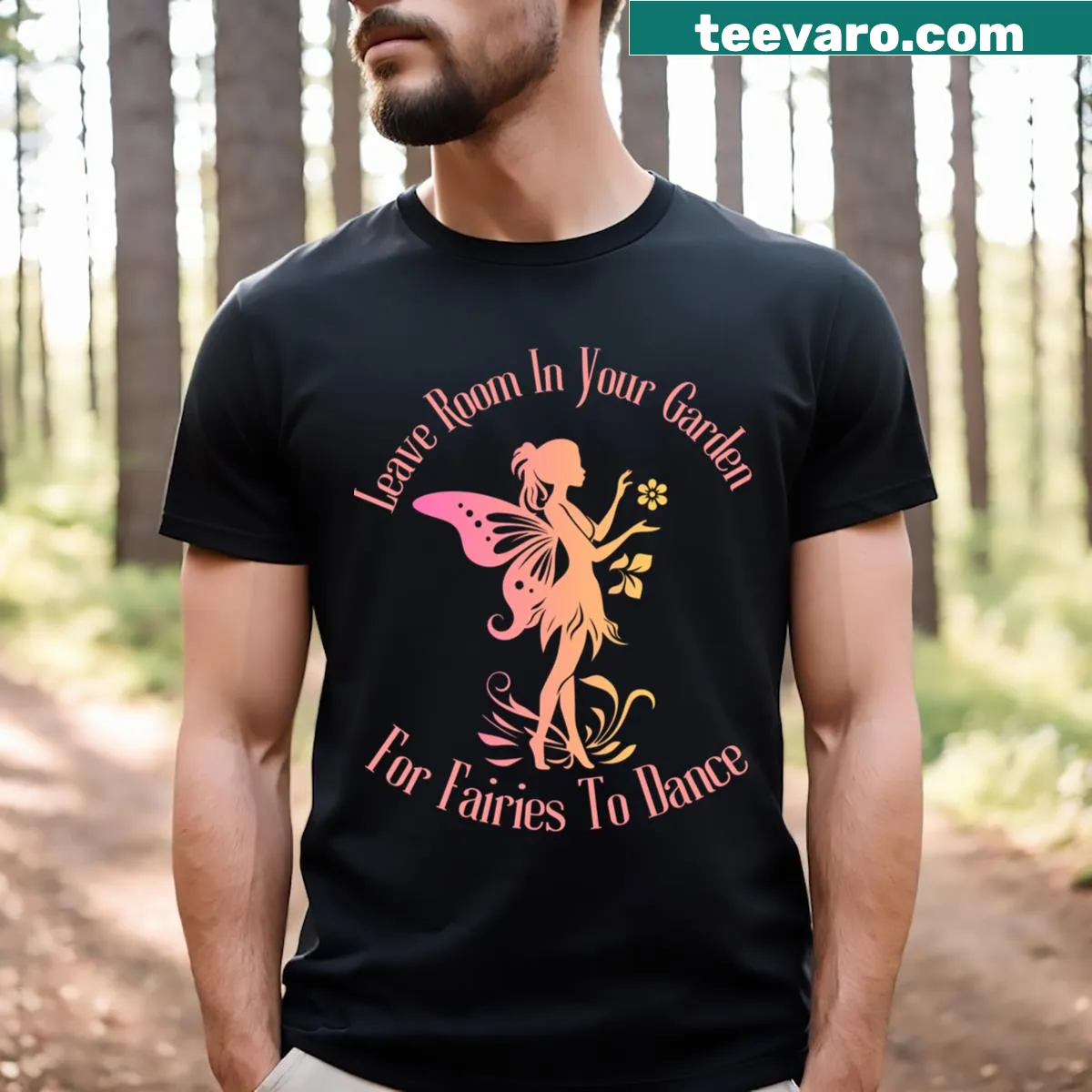 Illustrative fairy garden t-shirt with dancing fairies and flowers — on a men's t-shirt