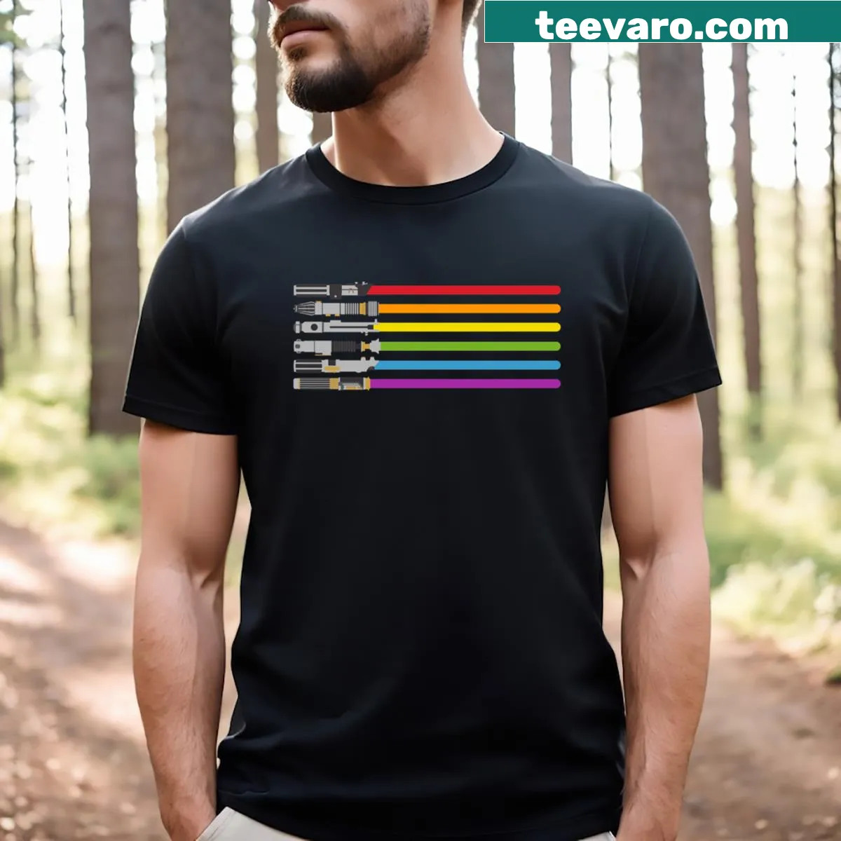 Colorful rainbow lightsaber t-shirt for sci-fi fans — on a men's t-shirt