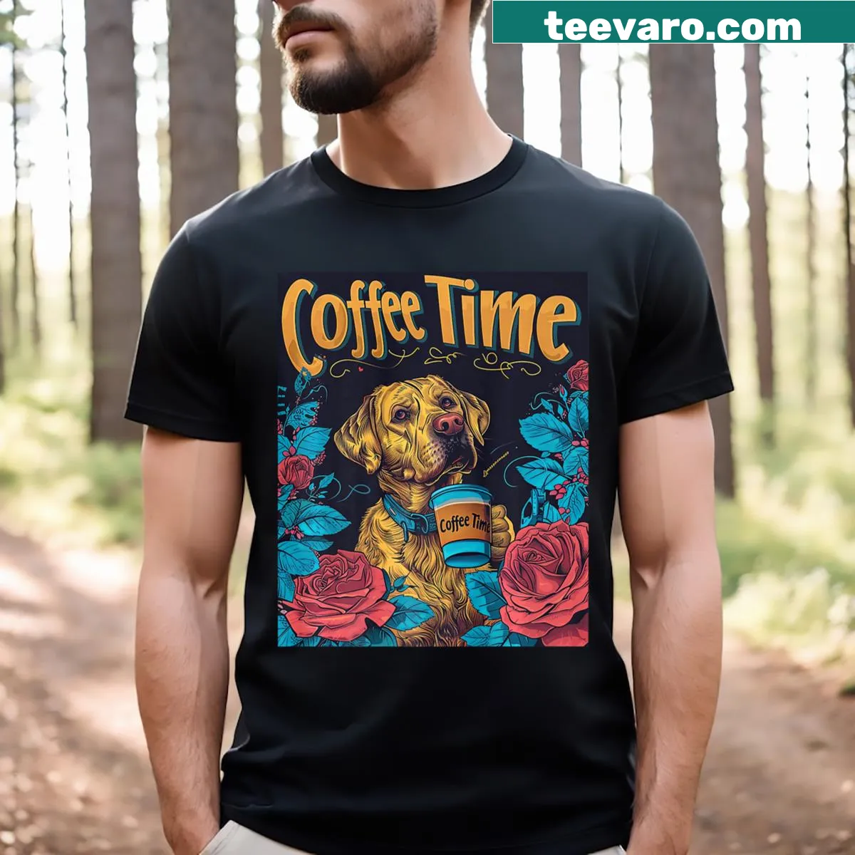 Cute coffee shop illustration on a Little Lab Of Coffee tee — on a men's t-shirt