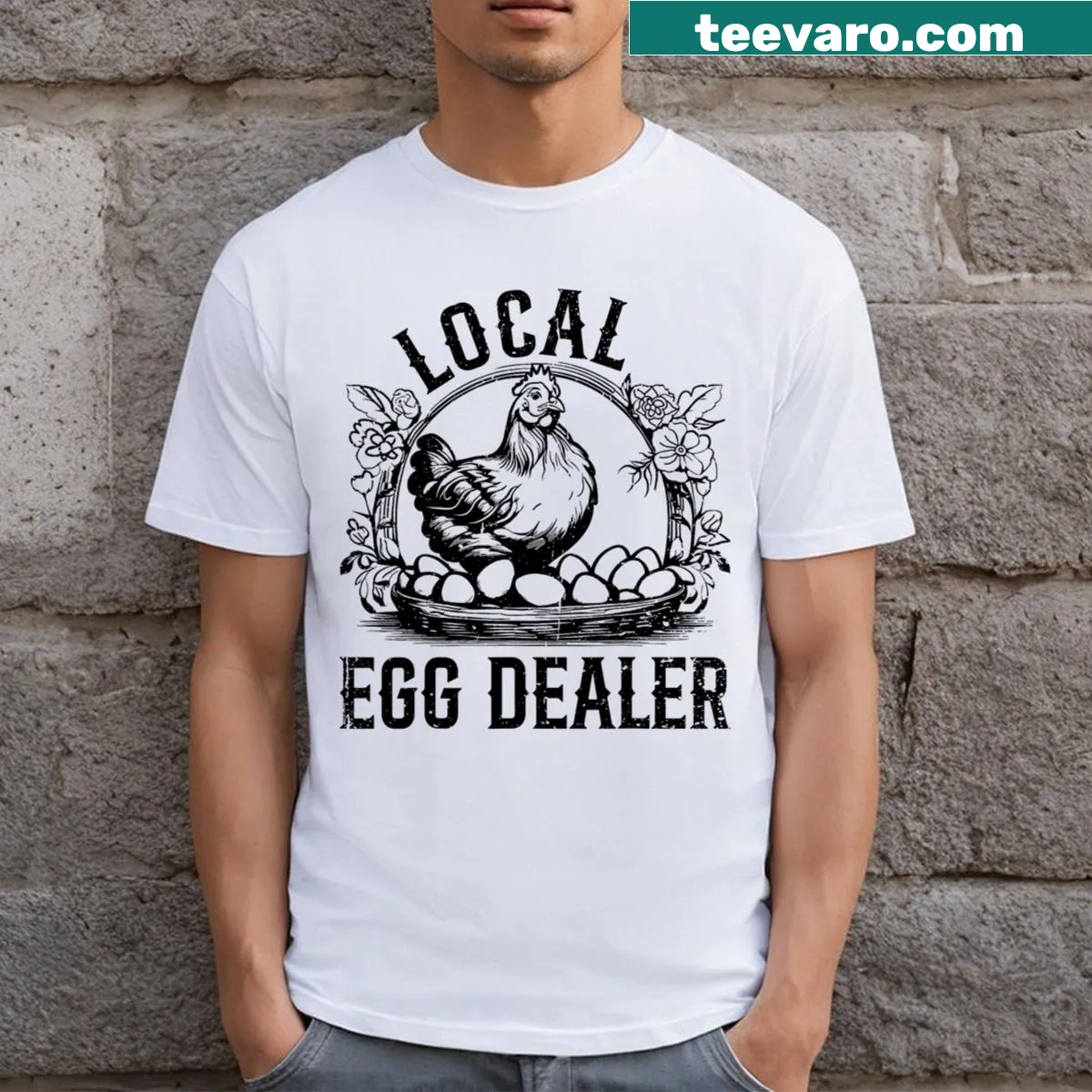Illustrative T-shirt with Local Egg Dealer design and chickens — on a men's t-shirt