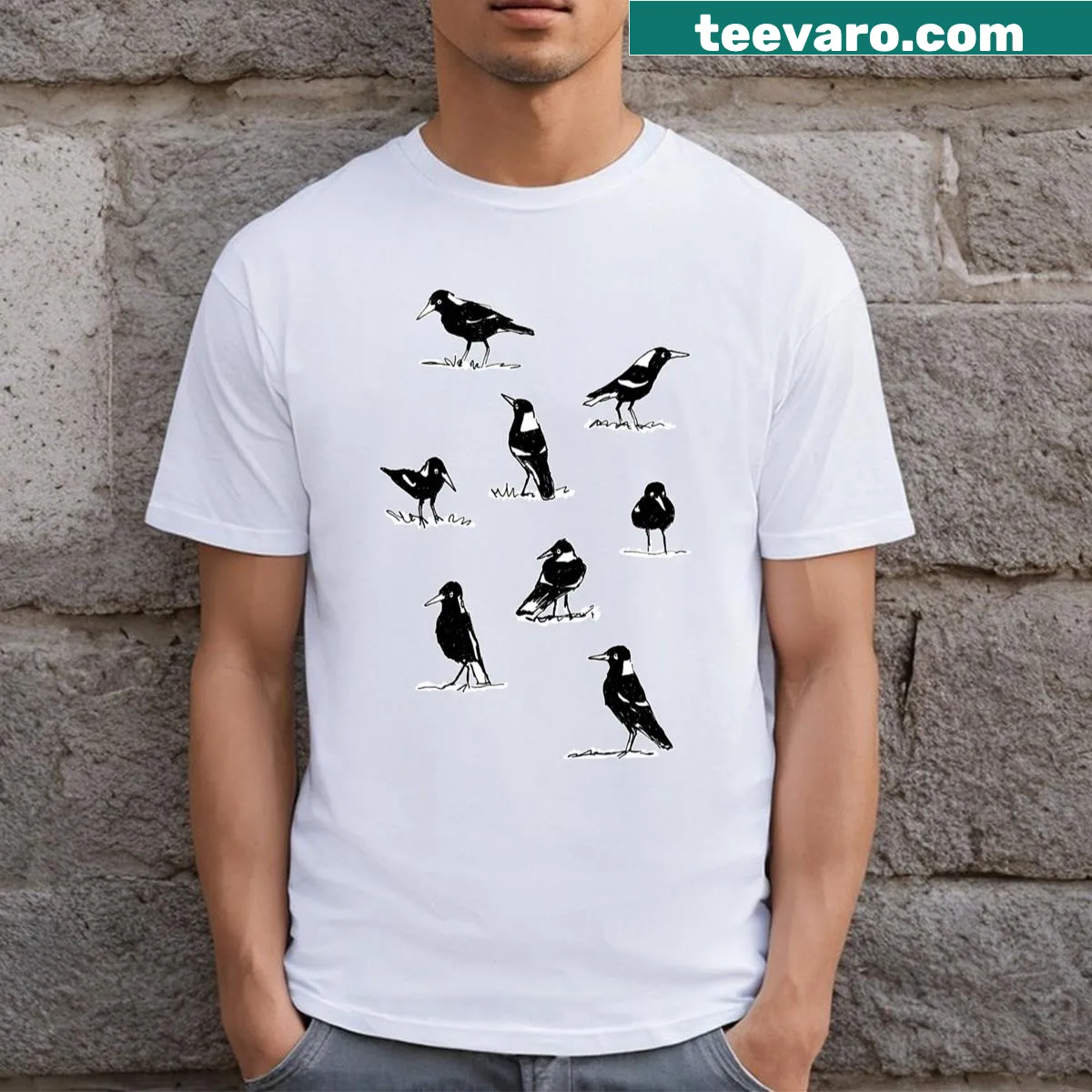 Illustrated Magpie Studies T-shirt featuring detailed bird graphics — on a men's t-shirt
