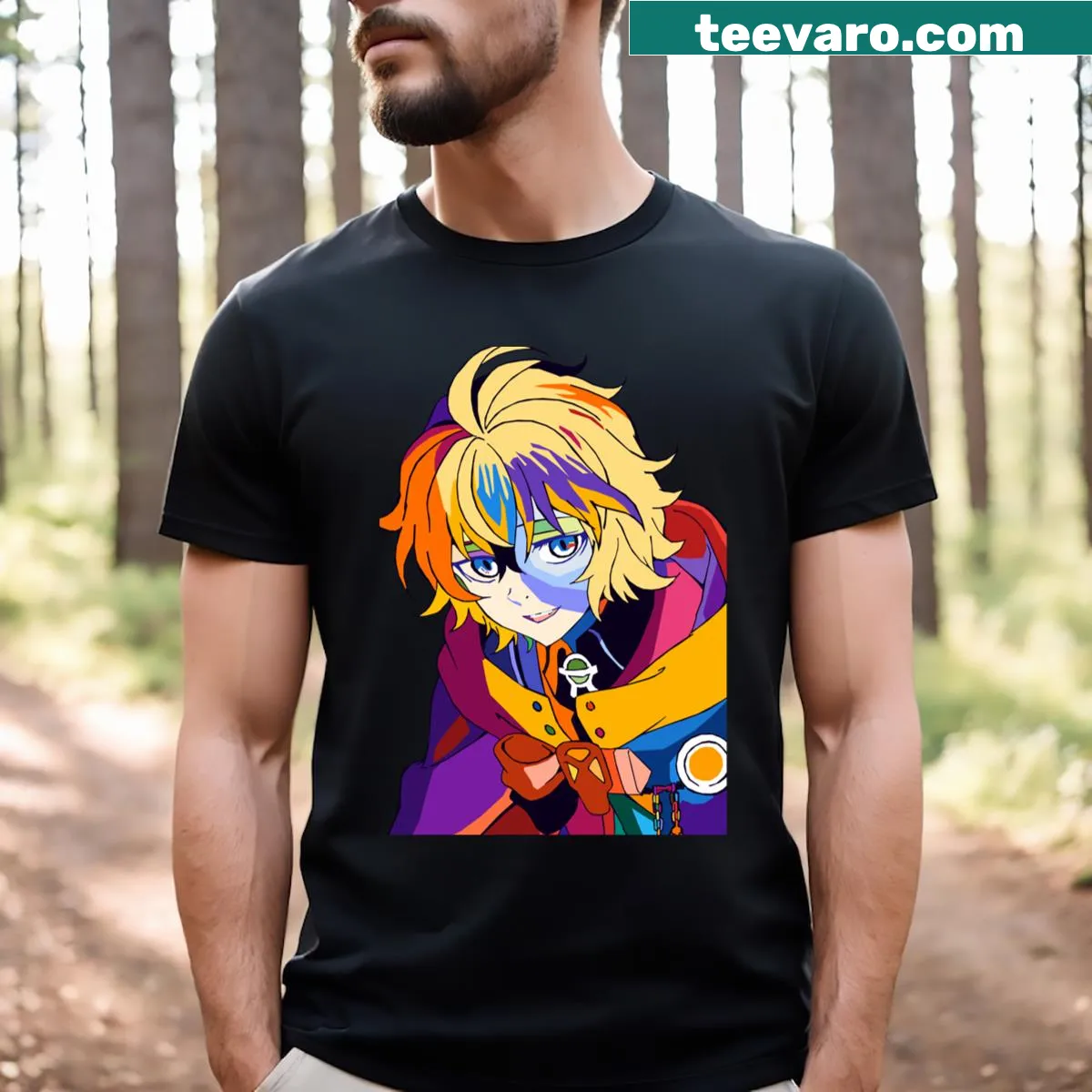 Pop art design T-shirt featuring Mikaela Hyakuya — on a men's t-shirt