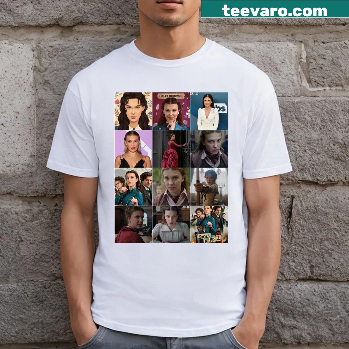 Photo collage art T-shirt featuring Millie Bobby Brown — on a men's t-shirt