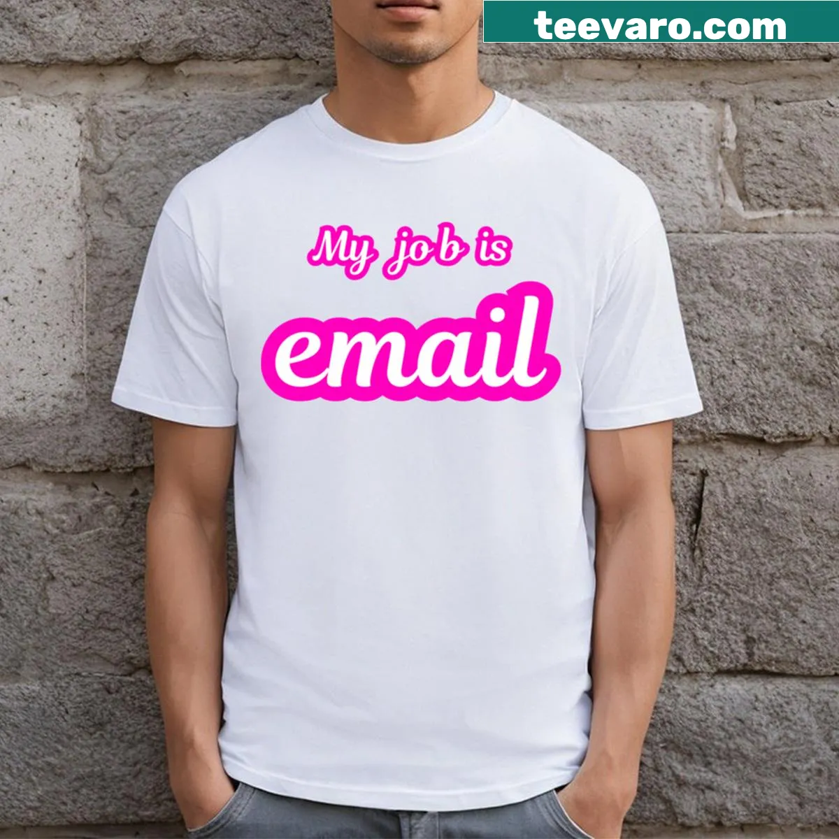 Minimalist T-shirt with text 'My Job Is Email' — on a men's t-shirt