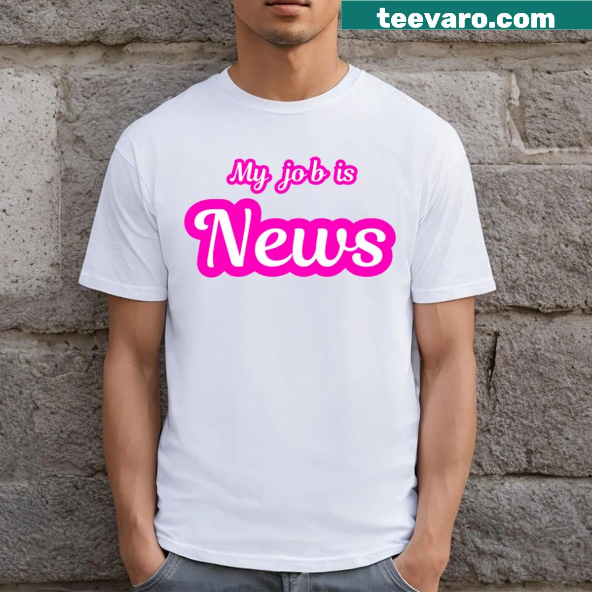 Minimalist T-shirt with text 'My Job Is News' — on a men's t-shirt