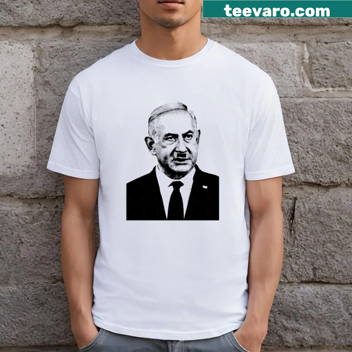 Humorous political commentary t-shirt with clever wordplay — on a men's t-shirt