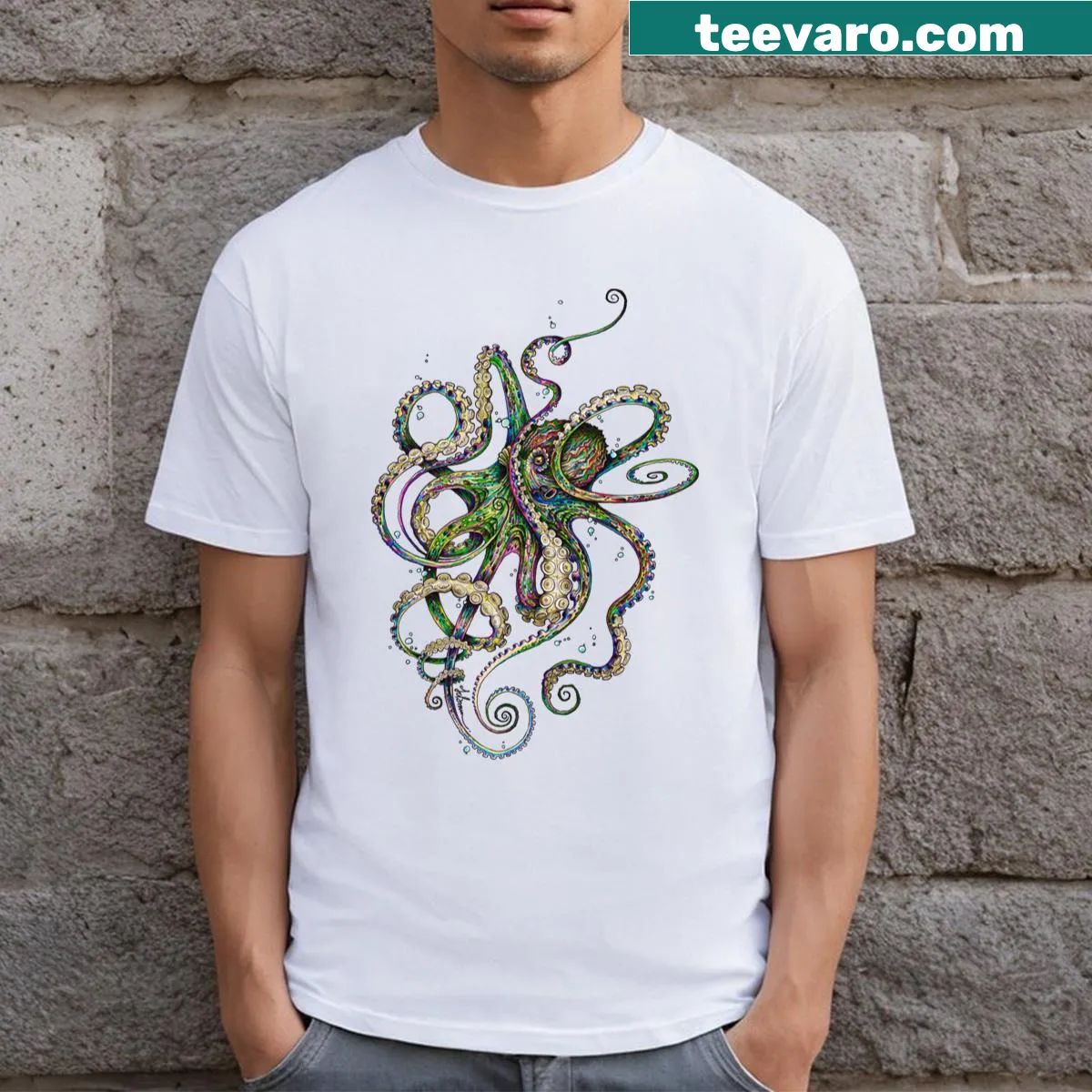 Abstract T-shirt featuring whimsical octopus design — on a men's t-shirt
